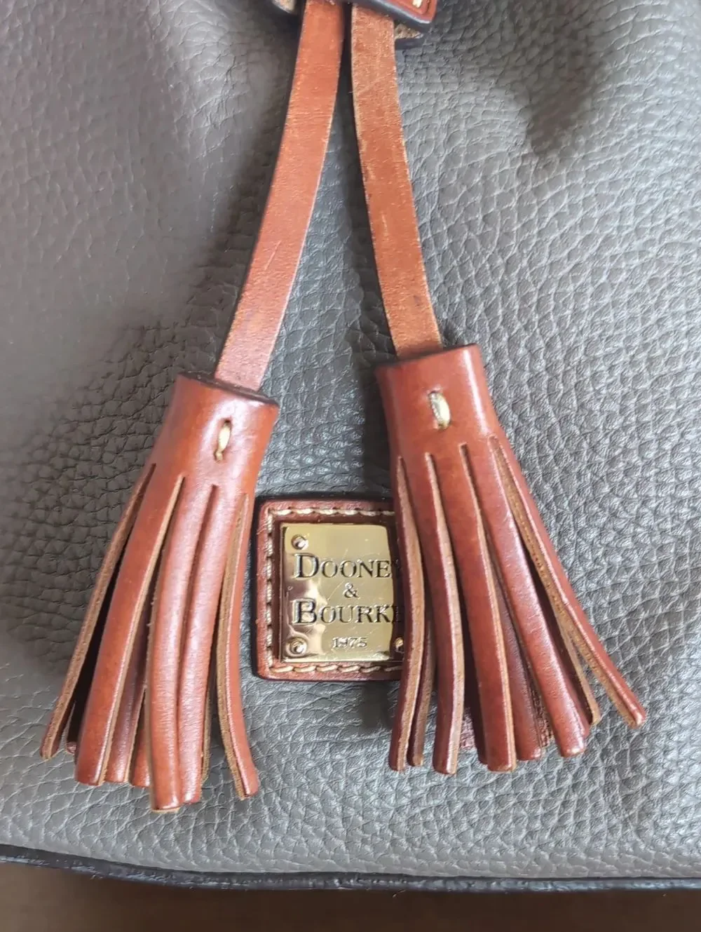 Dooney & Bourke Tasseled Leather Drwstring Bucket Shoulder Bag Taupe/British Tan